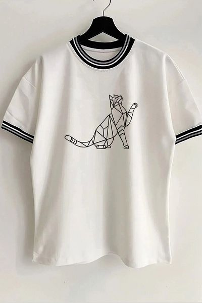Vordevia Tricou oversize unisex alb cu nervuri, cu imprimeu de pisici, cu guler și mâneci