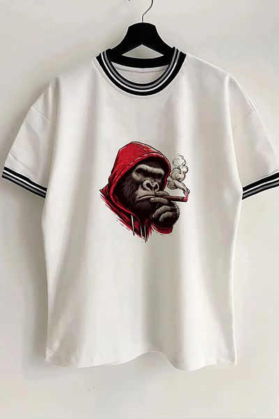 Vordevia Tricou oversize unisex alb cu nervuri cu imprimeu Gorilla, cu detaliu de guler și mâneci