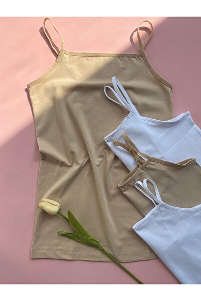 LEYNA BUTİK Women's (2 Skin - 2 White) Pack of 4 Cotton Rope Strap Undershirt