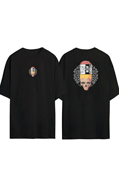 THEWERT Unisex crna Oversize kroj T-shirt - Prednja i zadnja Štampano olovka ...