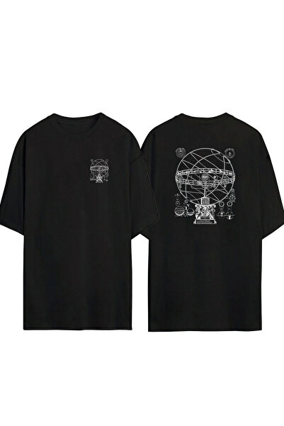THEWERT Unisex Armillary Globe Front Back Printed Black Oversize T-shirt