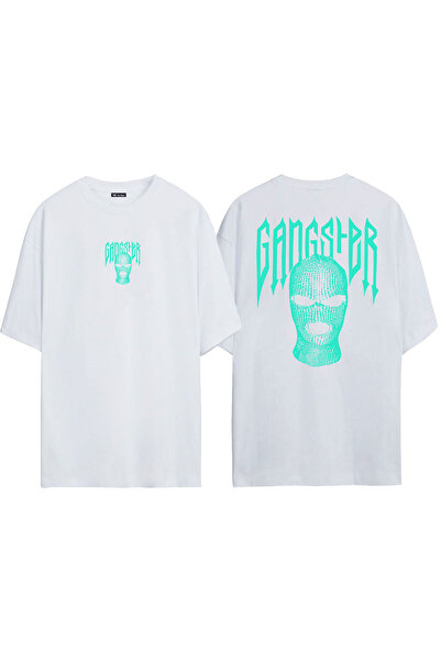 THEWERT Mască verde Gangster unisex Față Spate Tricou alb oversize imprimat