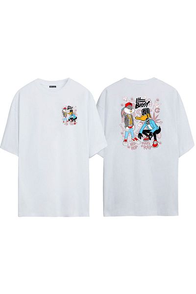 THEWERT Tricou alb oversize cu imprimeu unisex Bugs Bunny Urban, Hip Hop față și spate