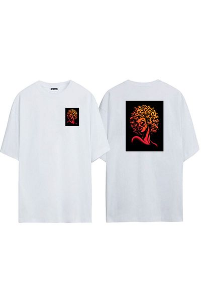THEWERT Unisex Medusa Κόκκινο Κίτρινο Μπροστινό Πίσω Τυπωμένο λευκό μπλουζάκι Oversize