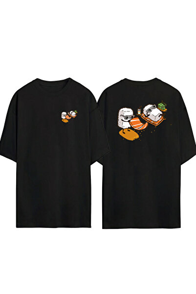 THEWERT Tricou oversize negru cu imprimeu, unisex, sushi pentru plajă