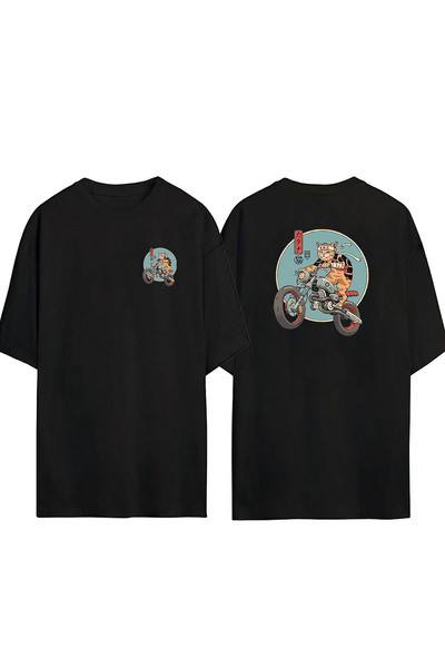 THEWERT تي شيرت أسود كبير الحجم مطبوع عليه قطة أمامية وخلفية للجنسين