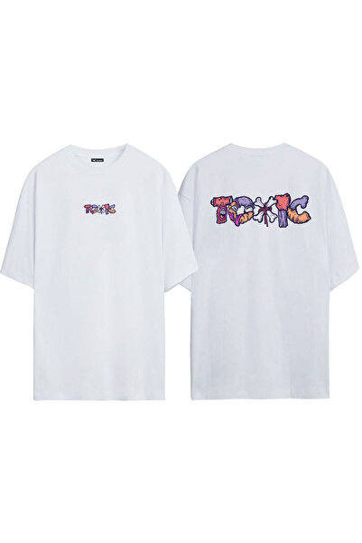 THEWERT Unisex toksični prednji zadnji Štampano beli Oversize kroj T-shirt