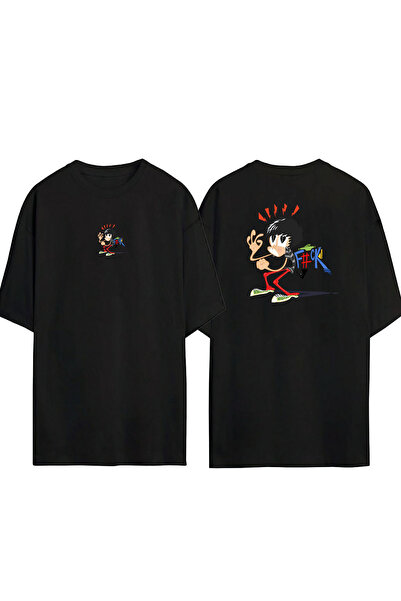 THEWERT Unisex F+ck Šareni Prednji i Zadnji Štampano Crni Oversize kroj T-shirt