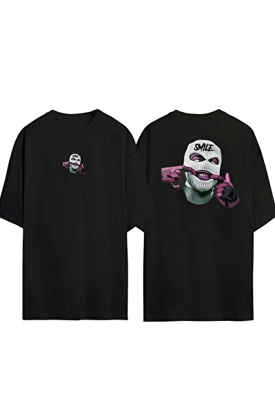 THEWERT Tricou supradimensionat negru cu imprimeu unisex Ganster Mask Smile F...