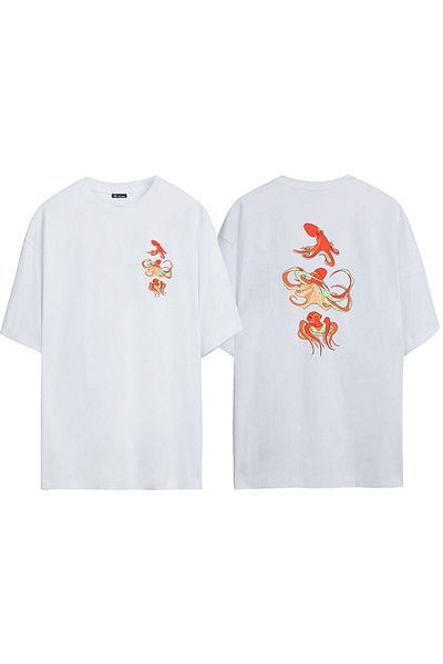 THEWERT Tricou alb oversize cu imprimeu, unisex, cu 3 caracatițe