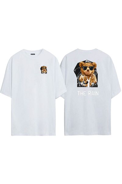 THEWERT Tricou oversize alb cu imprimeu The Rain, unisex, în față, în spate