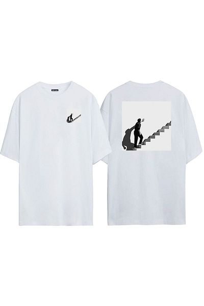 THEWERT Unisex Truman Show Μπροστά πίσω με στάμπα λευκό μπλουζάκι Oversize