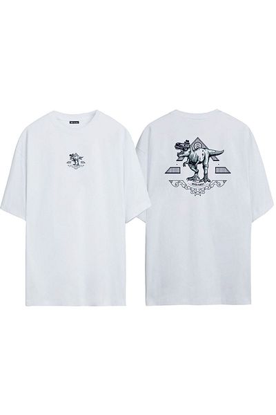 THEWERT Unisex Dinosaur Illustration Μπροστά πίσω Τυπωμένο λευκό μπλουζάκι Oversize