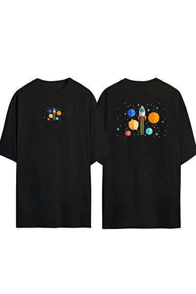 THEWERT Tricou negru oversize, unisex, multicolor, cu rachetă și planete, în ...