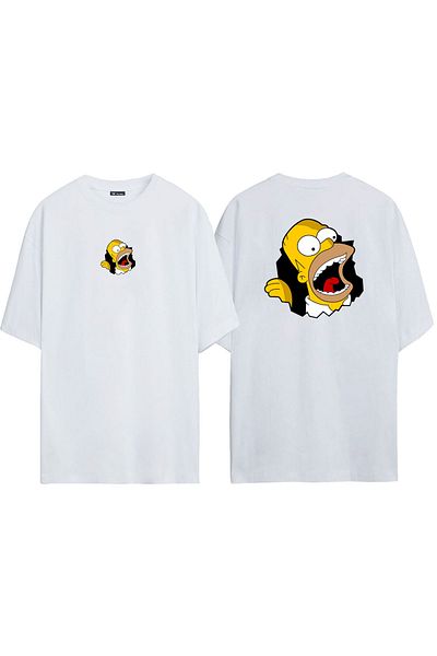 THEWERT Tricou alb oversize unisex cu imprimeu în față și în spate Homer Simpson
