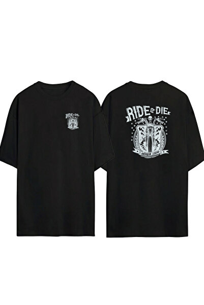 THEWERT تي شيرت أسود كبير الحجم مطبوع عليه ركوب الدراجات النارية من الأمام وا...