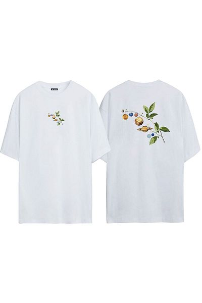 THEWERT Tricou supradimensionat alb imprimat Planete pe ramură unisex față în spate