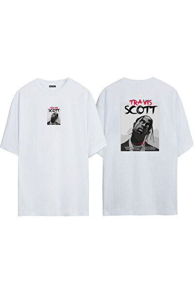 THEWERT Tricou alb supradimensionat cu imprimeu unisex Yoga Travis Scott față...