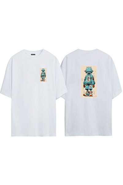 THEWERT Tricou supradimensionat alb cu imprimeu unisex 900 Robot de desen faț...