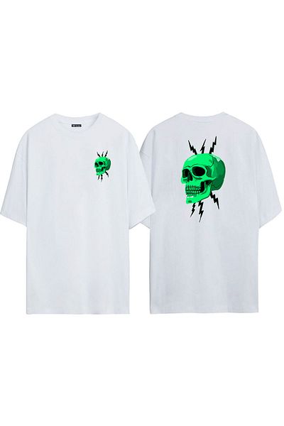 THEWERT Λευκό μπλουζάκι Oversize - Unisex, Green Skull and Lightning Printed