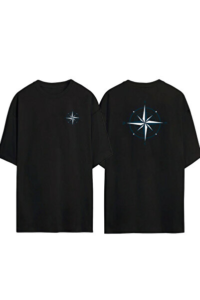 THEWERT Unisex crno-belo Oversize kroj T-shirt - Ilustracija kompasa odštampana