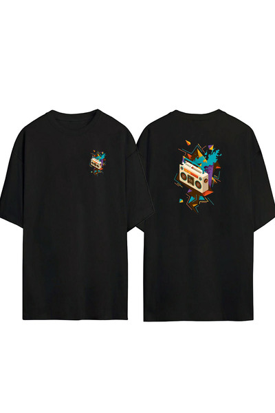 THEWERT Unisex šareni radio prednji zadnji Štampano crni Oversize kroj T-shirt
