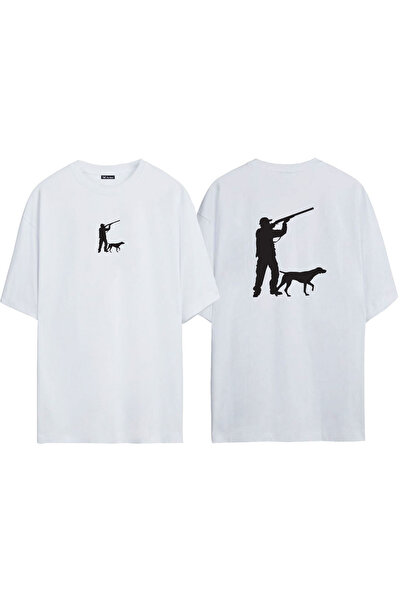 THEWERT Tricou alb oversize imprimat cu siluetă de vânător și câine unisex fa...