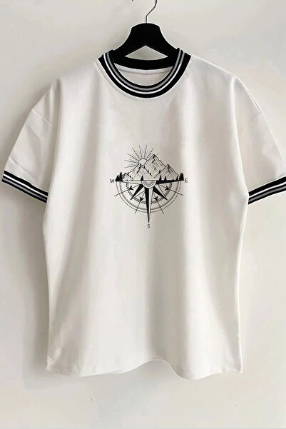 Vordevia تي شيرت أبيض كبير الحجم للجنسين مطبوع عليه بوصلة وياقة وأكمام للموسم...