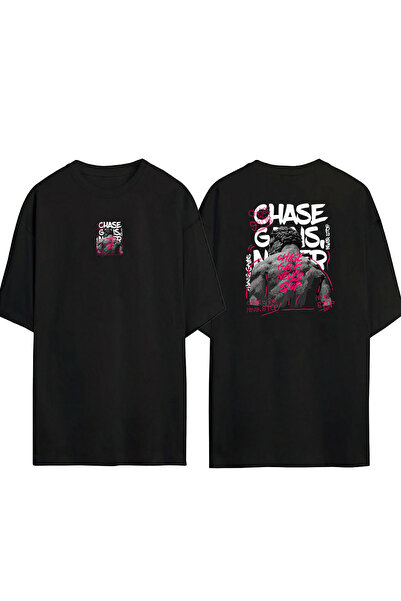 THEWERT Унісекс Chase Gaın Never Stop Чорна футболка оверсайз з принтом спере...