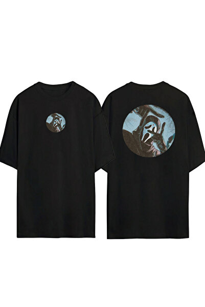 THEWERT Tricou supradimensionat negru cu imprimeu unisex Scream Mask Fata Spate