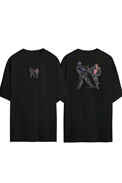 THEWERT تي شيرت أسود كبير الحجم مطبوع عليه رسم التايكوندو للجنسين من الأمام و...