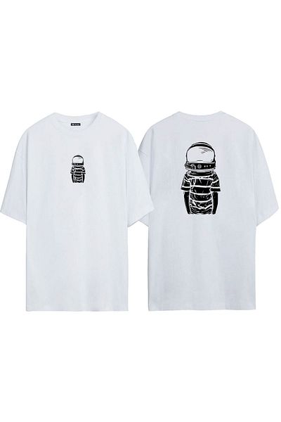 THEWERT Unisex Astronaut Child Μπροστά και Πίσω Τυπωμένο λευκό μπλουζάκι Oversize
