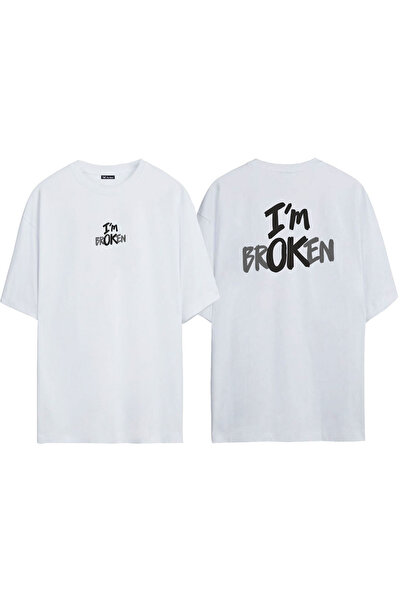 THEWERT تي شيرت أبيض كبير الحجم مطبوع عليه "I'm Broken" من الأمام والخلف للجنسين