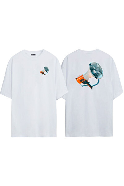 THEWERT Unisex megafon prednji zadnji Štampano beli Oversize kroj T-shirt
