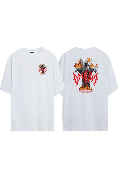 THEWERT Unisex Onrsn, Flaming Angel εμπρός και πίσω με στάμπα λευκό μπλουζάκι Oversize
