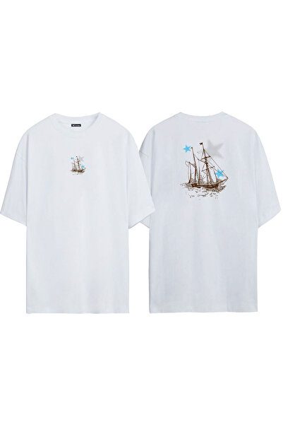 THEWERT Unisex Brown Sailing Boat Illustration Μπροστά πίσω Τυπωμένο λευκό μπλουζάκι υπερμεγέθους
