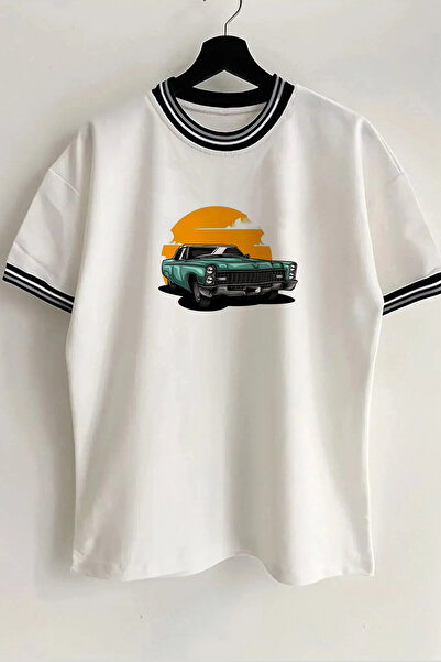 Vordevia تي شيرت أبيض كبير الحجم مطبوع عليه سيارة كلاسيكية للموسم الجديد بياق...