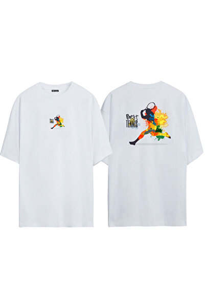 THEWERT Unisex Cel mai bun tenis ilustrație Față Spate Tricou alb supradimensionat imprimat