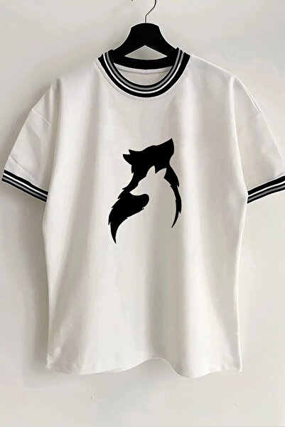 Vordevia Tricou unisex supradimensionat, cu guler și mâneci, cu imprimeu Wolf...