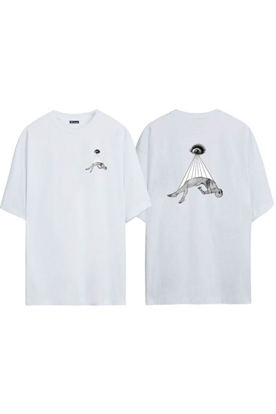 THEWERT Unisex lebdeće telo prednje zadnje Štampano belo Oversize kroj T-shirt