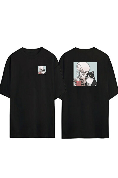 THEWERT تي شيرت أسود كبير الحجم مطبوع عليه جمجمة القطة والقهوة للجنسين من الأ...