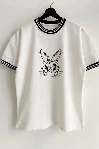Vordevia تي شيرت أبيض كبير الحجم للجنسين مطبوع عليه أرنب للموسم الجديد مع تفا...