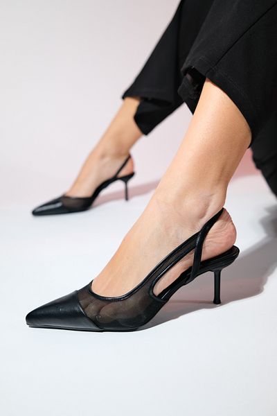 LuviShoes حذاء RAVENNA نسائي أسود بمقدمة مدببة مفتوح من الخلف وكعب رفيع