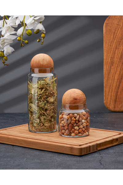 Sensoria 2'Li Ahşap Top Kapaklı Cam Kavanoz Seti Şekerlik Çerezlik Baharatlık...