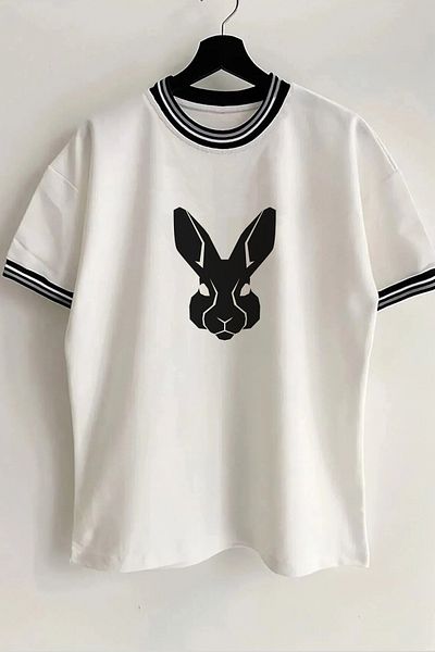 Vordevia Λευκό μπλουζάκι Unisex Oversize με λεπτομέρεια με γιακά και μανίκια με στάμπα Rabbit