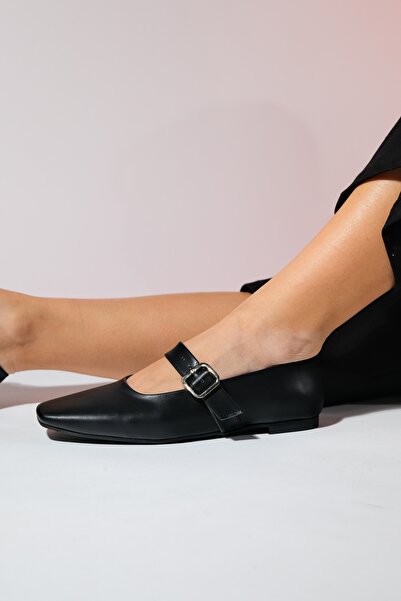 LuviShoes BLUFF fekete bőr, tompa orrú női balerinacipő