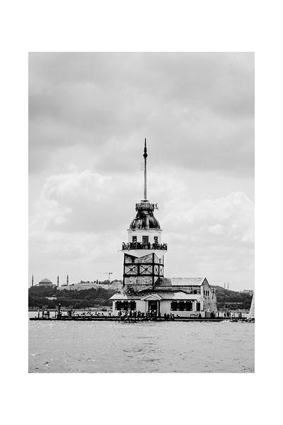Hiruko Tasarım Atölyesi Дървена картина Истанбул - Момина кула Черно-бяла декоративна картина Премиум картина в рамка