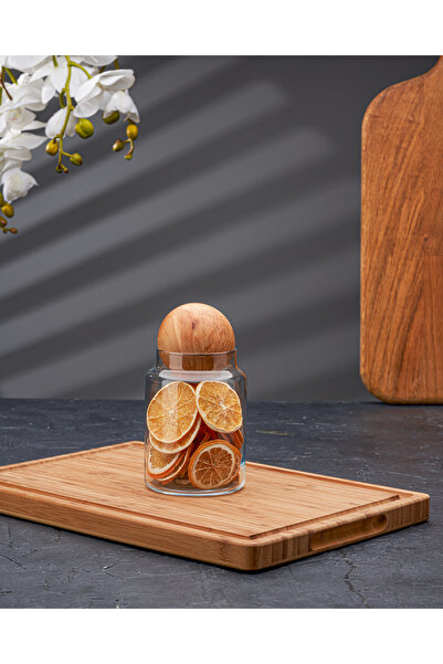 Sensoria Ahşap Top Kapaklı Cam Kavanoz Seti Şekerlik Çerezlik Baharatlık Ve Saklama Kabı 0,80 Litre