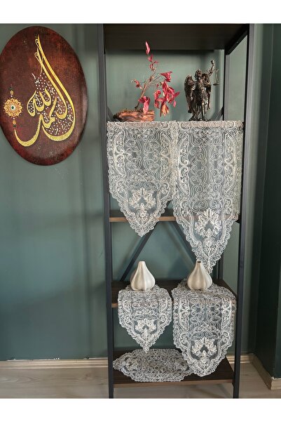 Belle Home 5 parça lüks runner salon oda sehpa masa örtü takımı Fransız güpürlü çeyiz seti