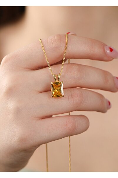 LİNOVE JEWELLERY 925 Ayar gümüş Sitrin kolye, baget taşlı sitrin Kolye, Gümüş...
